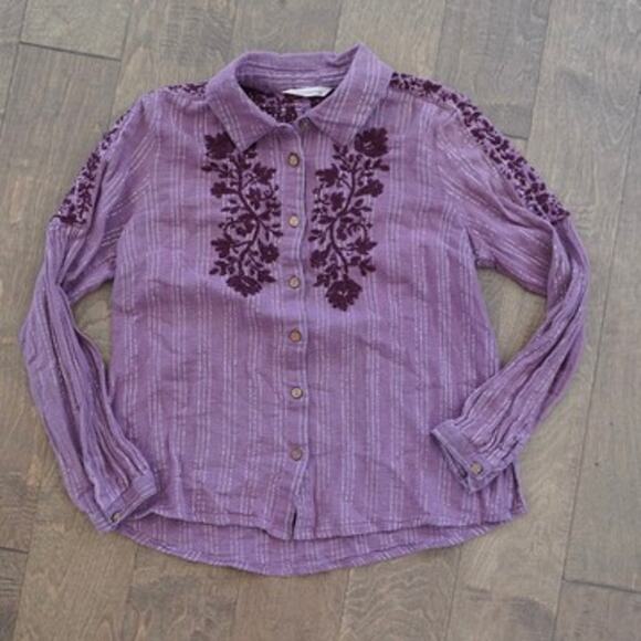 Soft Surroundings Peralta Button Front Embroidered Blouse Plum Womens Size Small - Picture 2 of 8